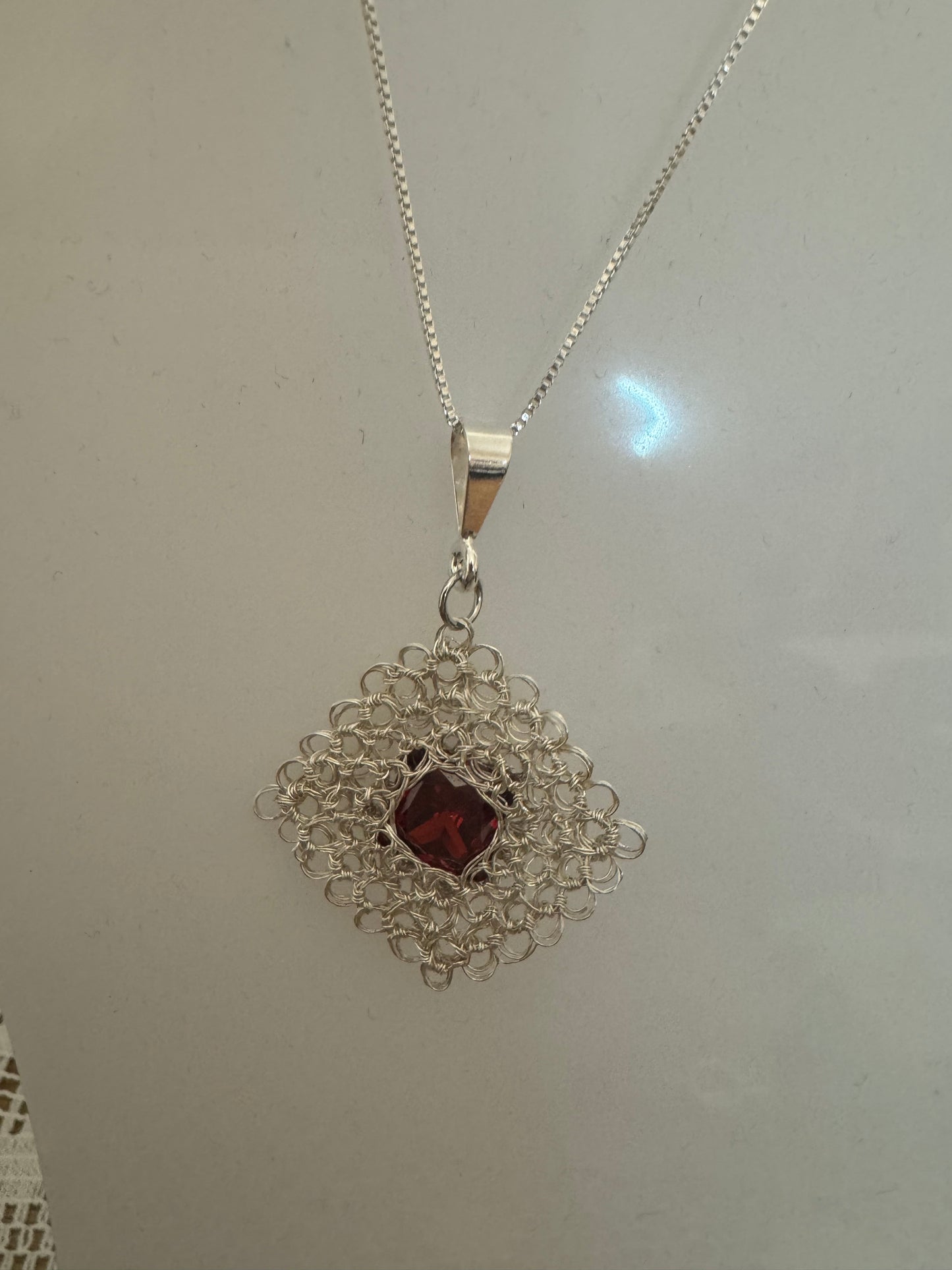 Fine Silver Woven Square Pendant with Cubic Zirconia