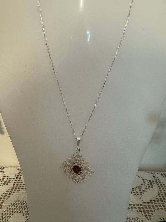 Fine Silver Woven Square Pendant with Cubic Zirconia